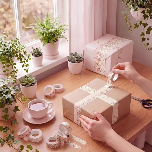 Gueevin 24 Rolls Watercolor Floral Washi Tape Set 15 mm Seasonal Flower Decorative Washi Tape for Craft Arts DIY Scrapbook Journaling Supplies Gift Wrapping (Pink Floral)