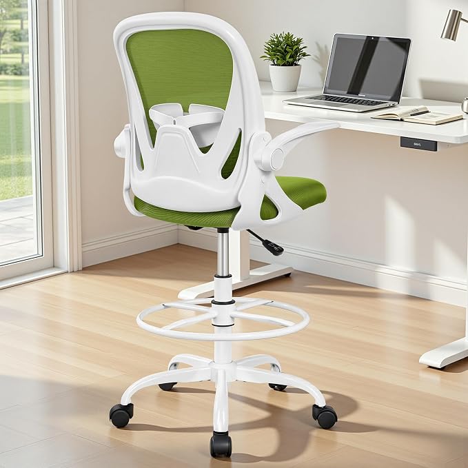 Primy Drafting Chair Tall Office Chair with Flip-up Armrests Executive Ergonomic Computer Standing Desk Chair with Lumbar Support and Adjustable Footrest Ring (AvocadoGreen)
