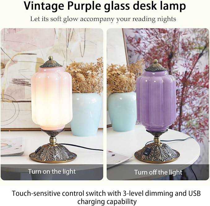 Vintage Touch Bedside Table Lamp, Elegant Green Glass Bedside Desk Lamp 3 Way Dimmable with USB C+A Charging Ports - Bedroom Nightstand & Living Room Essential (Purple;, 6.5)