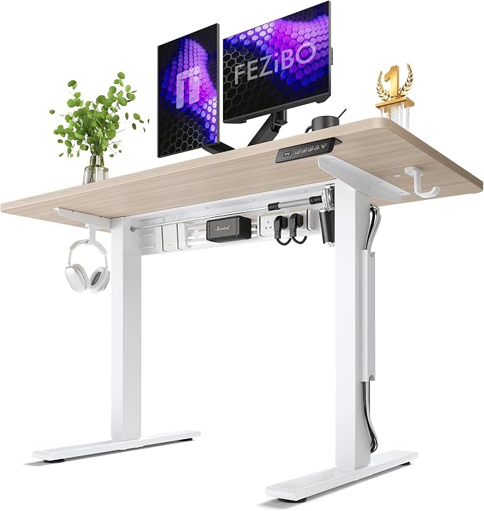 FEZIBO Electric Standing Desk with L-Shaped Crossbar & Cable Management System, 48 x 24 Inches Sit Stand up Desk, Adjustable Height Standing Desk for Home Office, Light Walnut