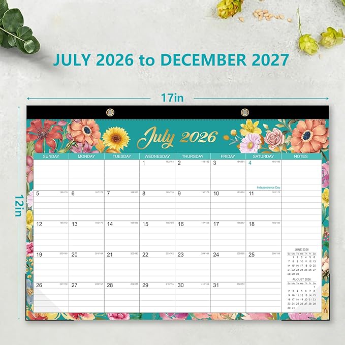 Desk Calendar 2026-2027 - 18 Month Desk Calendar july 2026-2027 Dec, 17" x 12", Large Monthly Desktop Calendar with Plastic Cover, Thick Paper, Corner Protectors - Floral (2 Stickers Included)