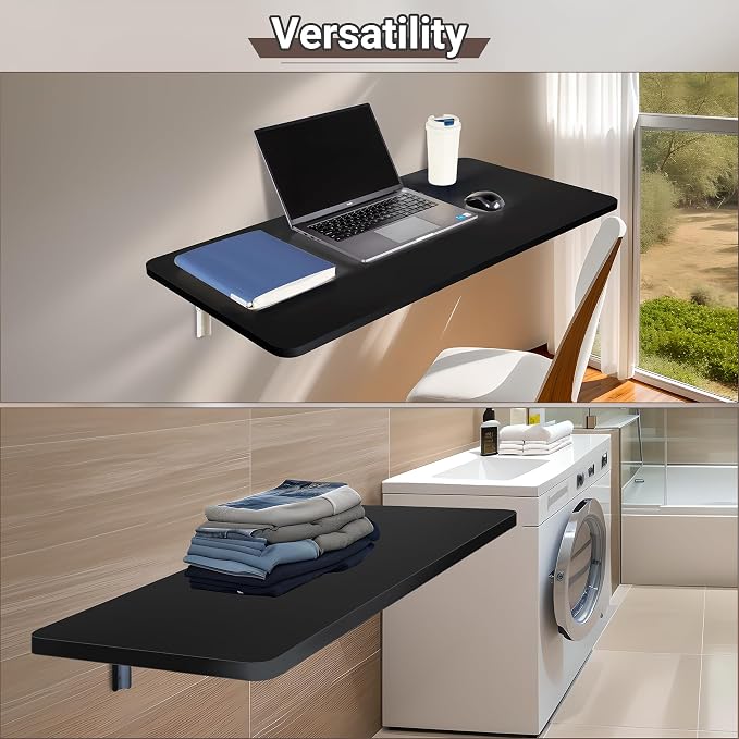 Neoaider Wall Mounted Folding Table 39.4”L x 19.7”W, Laundry Folding Table with Heavy Duty Metal Collapsible Shelf Brackets, Wall Mounted Desk Fold Down for Small Spaces, Black