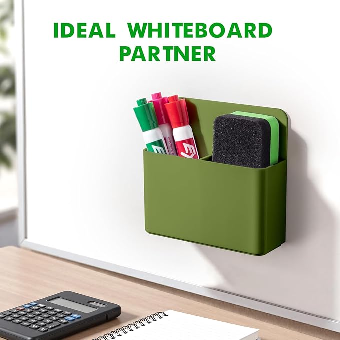 2 Pcs Magnetic Dry Erase Marker Holder for Whiteboard, Plastic Magnetic Pen Holder for Refrigerator Fridge, Magnet Pencil Cup for School Classroom, Locker Accessories, Pen Cup Organizer-Army Green