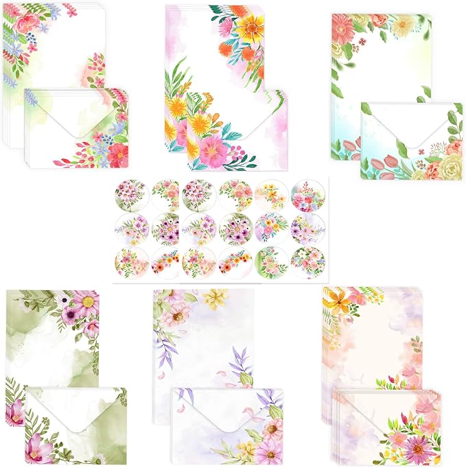 50 Pcs Stationery Paper Envelopes Set Includes 24 Writing Paper & 24 Envelopes with 24 Round Stickers, Cute Flower Floral Letter Writing and Stationery Paper Envelopes for Girls Invitations(6Style)