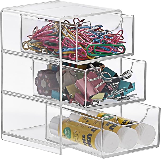 BTSKY 1 Pack Small Acrylic Storage Organizer with Drawers, 3-Layer | Clear Desktop Organizer for Office Supplies Mini Storage Box with Drawers for Desk, Desktop Makeup Drawer Jewelry Storage Box
