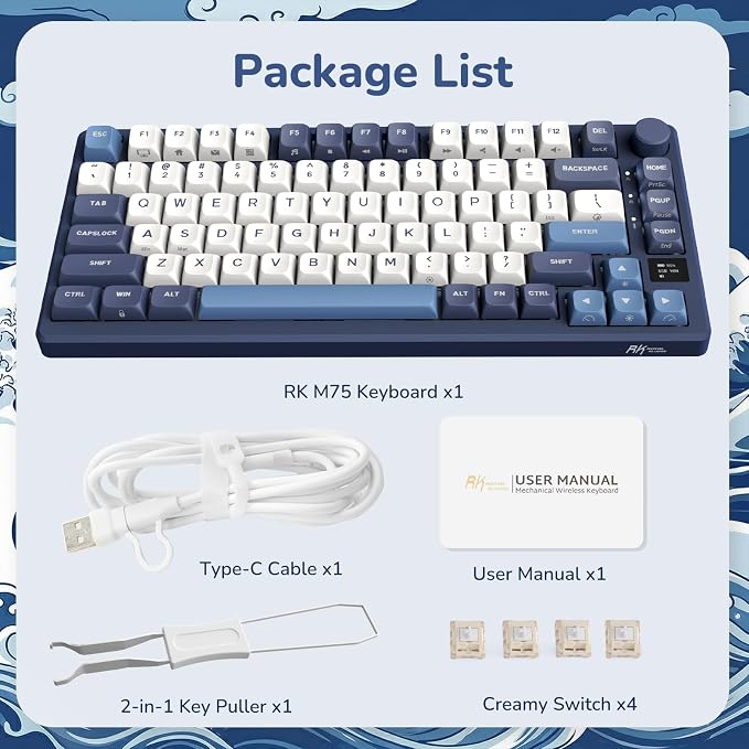 RK ROYAL KLUDGE M75 Wireless Mechanical Keyboard w/Screen and Volume Knob, 2.4G/USB-C/BT Gasket Mounted 75% Gaming Keyboard with 81 Keys, RGB Backlit Hot-Swap Creamy Switch, Blue