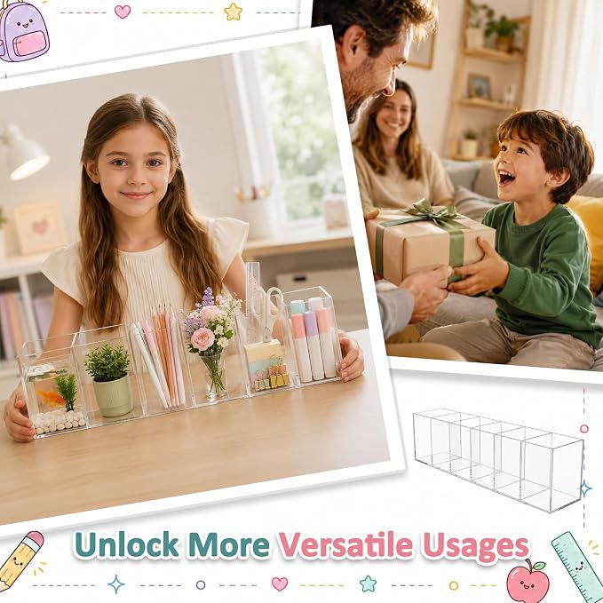 Mototo Acrylic Pen Holder Back to School 6 Compartments Pencil Organizer | Clear Pencil Cup Desktop Caddy Makeup Brush Storage Solution for Cosmetic Office Bathroom Kitchen Home Coffee Bar Container