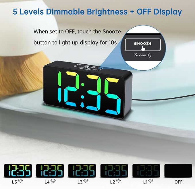 DreamSky Small Digital Alarm Clock for Bedroom, RGB Kids Alarm Clock Boys | Electric Desk Clock with Large Numbers for Bedside Nightstand, Dimmer, Adjustable Alarm Volume, USB Port, USB-C Plug-in