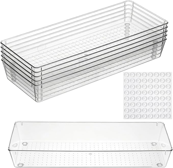 6 Pack Clear Plastic Drawer Organizer Tray 15 x 6 x 2 Inch Large Clear Drawer Organizer Set with Non-Slip Silicone Pads Stackable Drawer-Organizer Traysfor Makeup, Bathroom, Kitchen Utensils, Office,