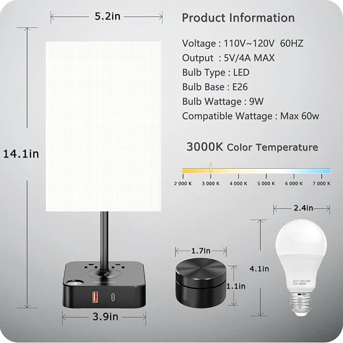 COZOO Bedroom Table Lamp with Remote Operation Control,Dimmable Bedside Table Desk Lamp with USB C+A Charging Ports 2 AC Outlets,Nightstand Lamp White Shade Lamp for Living Room,Dorm,Home Office,Decor
