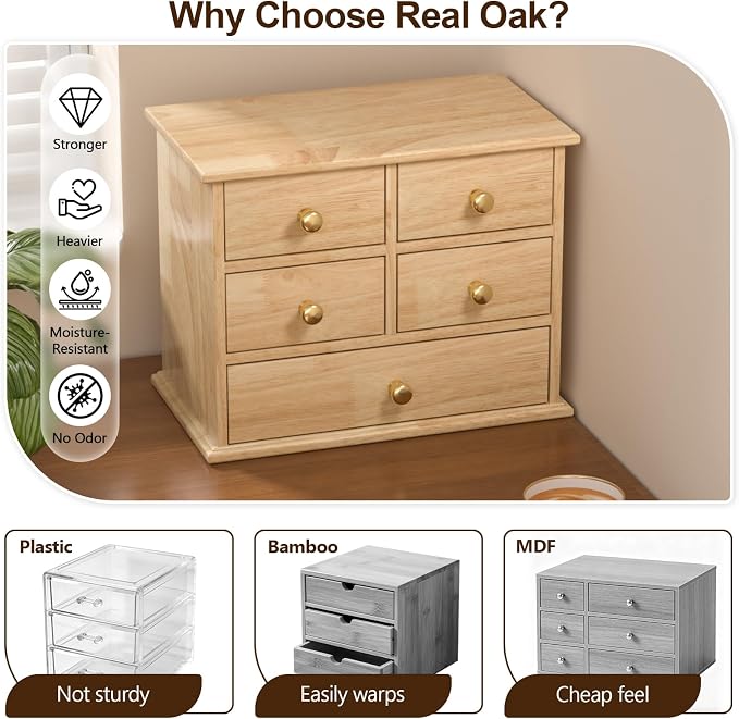 Oak Desk Organizer with Drawers, Durable Wooden Desktop Storage Box | 5 Drawer Tabletop Organizer with Metal Handles & Non-Slip Pads for Office, Bedroom, Bathroom, Vanity, Makeup Storage, Natural