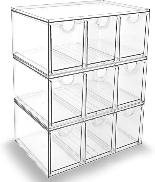 Prsildan Acrylic Makeup Organizer, 3 Pack Stackable Storage Drawers with 9 Drawers for Office Desk Vanity Craft Room Clear Drawer Organizers for Hair Accessories Art Supplies Cosmetics Modular System