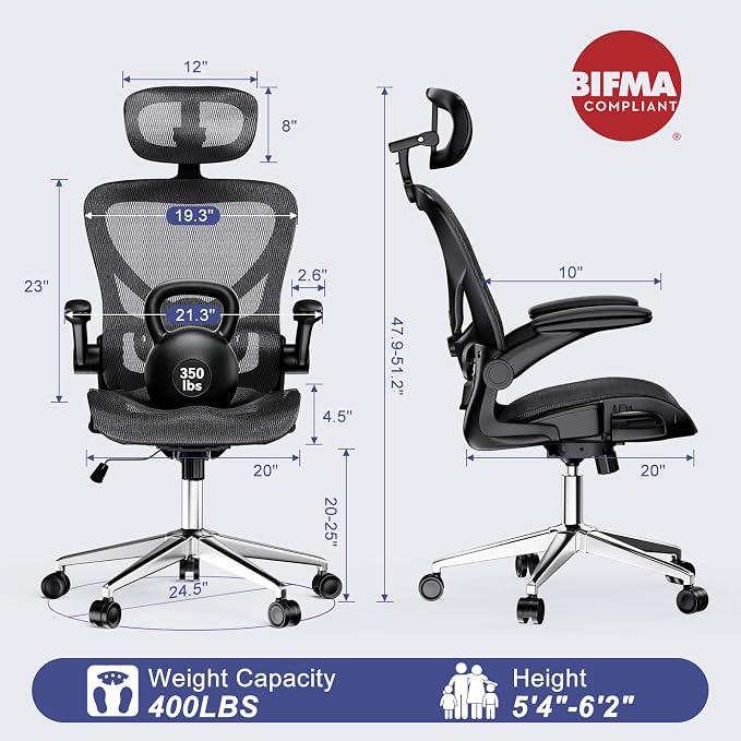 naspaluro Home Office Chair with Flip-up Armrests Adjustable Headrest Lumbar Support, Mesh Desk Chair 90-120°Rocking Chairs for Home Office, Study, Work & Gaming, Black