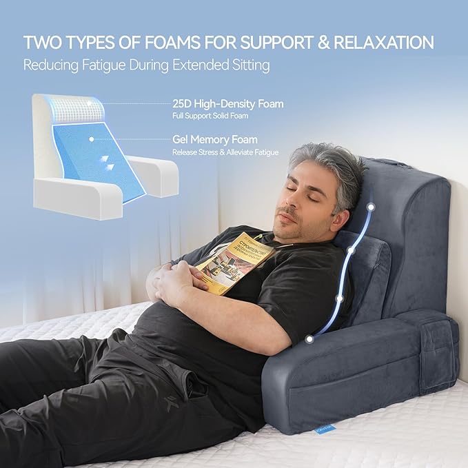 Kayfia Reading Pillow, Gel Memory Foam Back Rest Pillow, 21'', Gray | 3 Storage Pockets, Dual-Use Back Leg Support Pillow, Detachable Armrests, Ideal for Reading, Gaming, Working on Bed & Couch