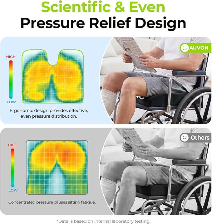 AUVON Wheelchair Seat Cushion, Thigh Slope Design for Long Sitting Comfort | Ergonomic Memory Foam Chair Cushion, U-Cutout for Sciatica & Back Relief, Waterproof Cover, Anti-Sore & Ulcer, Buckle Strap