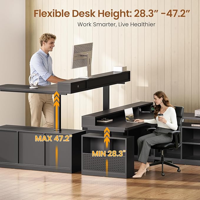 SEDETA L Shaped Gaming Standing Desk, 63 inch Height Adjustable Office Executive Desk with Storage Shelves and Monitor Stand, Computer Gaming Desk with Power Outlet, LED Lights for Home Office, Black