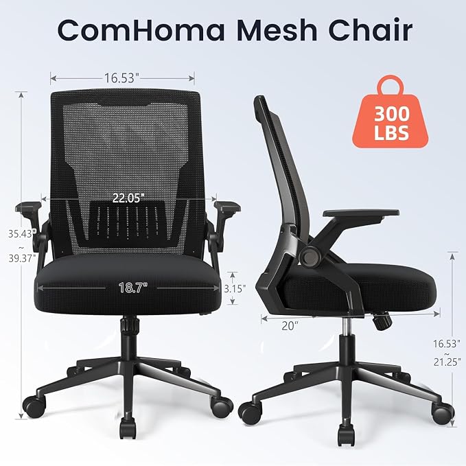 COMHOMA Office Chair with Flip-up Armrests Ergonomic Computer Desk Chair with Adaptive Lumbar Support & Breathable Mesh, Black, Pack of 2