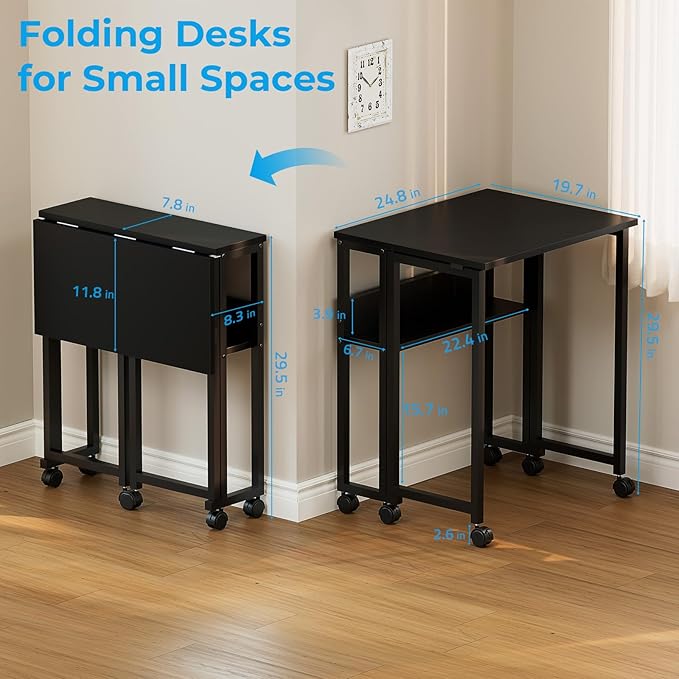 GreenForest Folding Desk Small Rolling Desk with Storage Shelf,24.8 inch Foldable Computer Desk with Wheels for Small Space,Easy Assembly,Black
