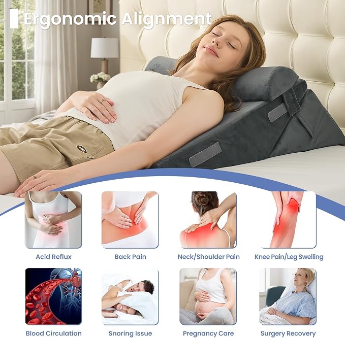 Sasttie Adjustable Wedge Pillow Set for After Surgery, Velvet - Dark Grey | Bed Wedge Pillow Headboard with Memory Foam Neck Cushion, for Acid Reflux, Sleeping, Neck & Back Support