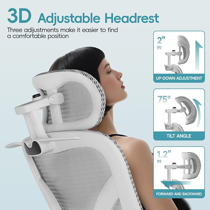 Alllion Ergonomic Mesh Office Chair, Home Desk Chair Comfy High Back with Adjustable Lumbar Support, 3D Headrest, Flip-up Arms, Big and Tall Reclining Computer Gaming Chairs for Men Women, Grey
