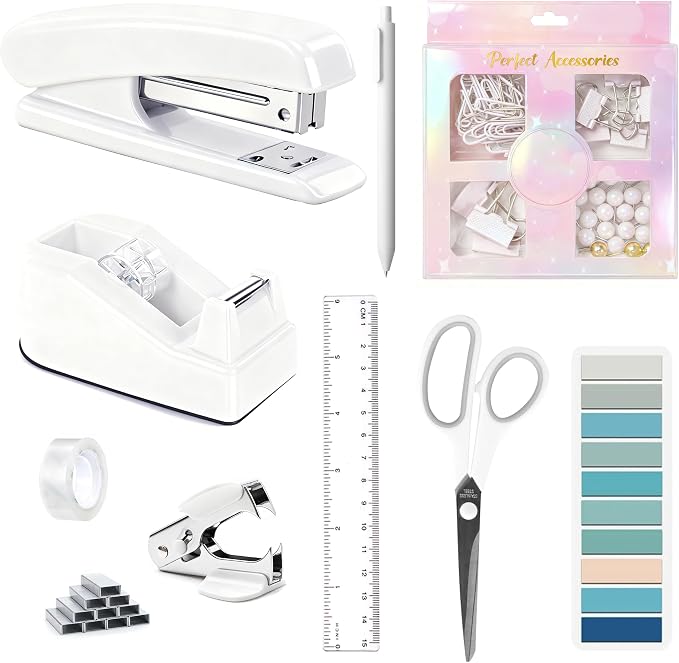 Dimonluce Office Desk Accessories, White Office Supplies Accessories with Tape Dispenser, Stapler, Staple Remover, 1000 Staples, Tape, Clips Set, Ruler, Scissor, Pen