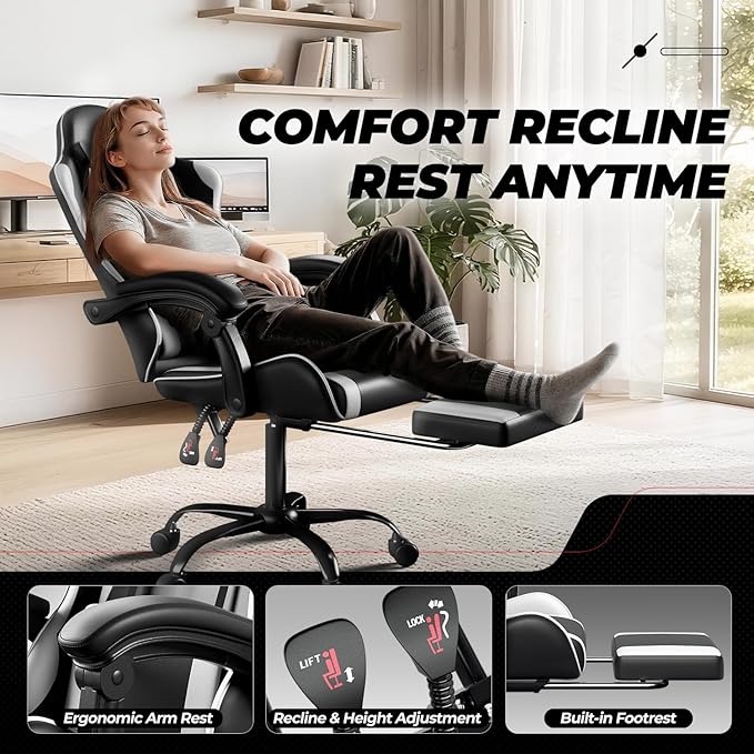 Auto Dynasty Ergonomic Gaming Chair, High-Back Office Chair w/Adjustable Lumbar Support, Linkage Armrest, Headrest & Footrest, 350LBS Recliner Swivel Computer Game Racing Chair, White/Black