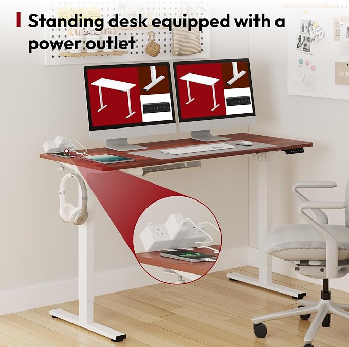 SANODESK Electric Standing Desk 55"x 28" with Clamp Power Strip - Height Adjustable Whole-Piece Desktop, Cable Management, Sit Stand Home Office - White Frame/Mahogany Top