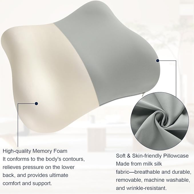 Lumbar Support Pillow for Office Chair Car Lumbar Pillow Lower Back Pain Relief Ergonomic Design Gray Memory Foam Chair Back Cushion Ideal for Home, Office, Gaming