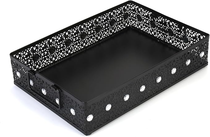 Desk Drawer Organizer, A4 Large Metal Mesh Desk Rrganizer Tray, Versatile Storage Box Set for Office Home Supplies,Carved Hollow Floral Desk Tray, 13 x 9 inches (1, Rhinestones)