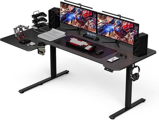 Acrolix L Shaped Electric Standing Desk - 71x43.5 Inch Reversible Corner Sit Stand Desk with Hook&Cup Holder,Electric Height Adjustable Table,for Home Office Gaming&Trading Computer Desk, Black Carbon