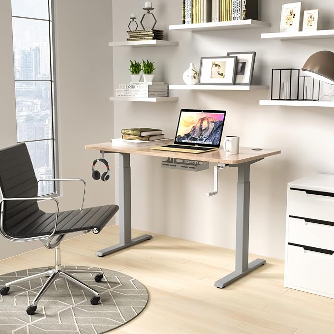 COSTWAY Crank Standing Desk Frame, Manual Hand Crank Workstation Base, Ergonomic Sit to Stand Base w/Foldable Crank Handle, Hook, Cable Management Rack (Grey)