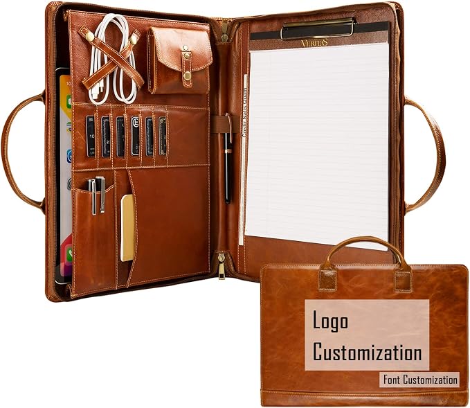 Oil Wax Leather Portfolio, Padfolio Organizer with Handle, Personalized Padfolio，Padfolio with Zipper for Men Women，Suitable for 15-inch Laptop Legal Pad Padfolio, Brown