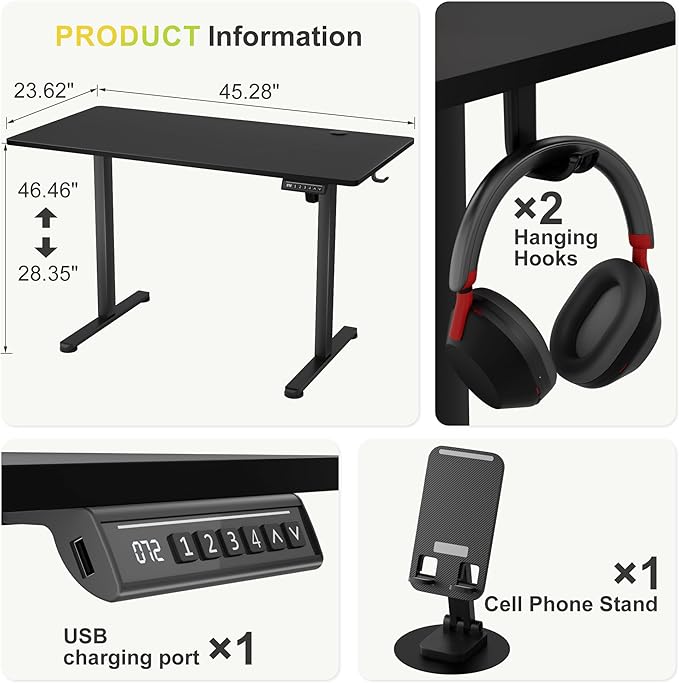 Furmax Electric Standing Desk, 45 x 24 Inches Sit Stand up Desk, Sit Stand Height Adjustable Home Office Desk with 4 Height Position Memory (Black, 45)