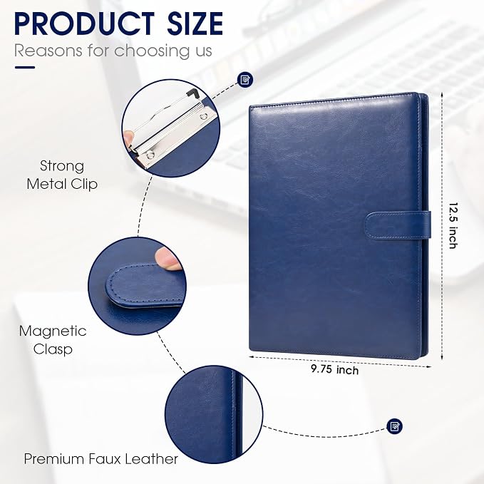 Professional Portfolio Binder with Clipboard, Faux Leather Padfolio Organizer for Resume, Interview Business Conference, Legal Pad Holder for A4 Letter Size Notepad with Multi-Pocket Storage (Blue)