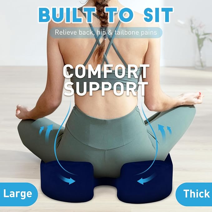 BlissTrends Seat Cushion,5.2in Thick Memory Foam Cushions for Office Chair, Car Seat, Airplane, Relieving Pressure Tailbone Sciatica Back Pain for Long Sitting Office Workers, Car Drivers Blue
