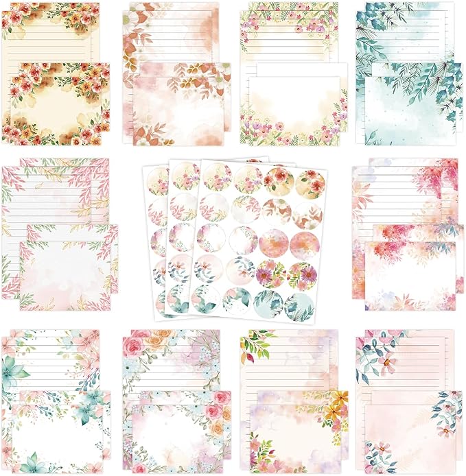 FUNCLASS 160 Pcs Stationery Set Letter and Envelopes – 50 Lined Stationery Paper and 50 Matching Envelopes, 5.5 x 8.25 Inches Letter Writing Stationery for Home, Office, School (Floral)