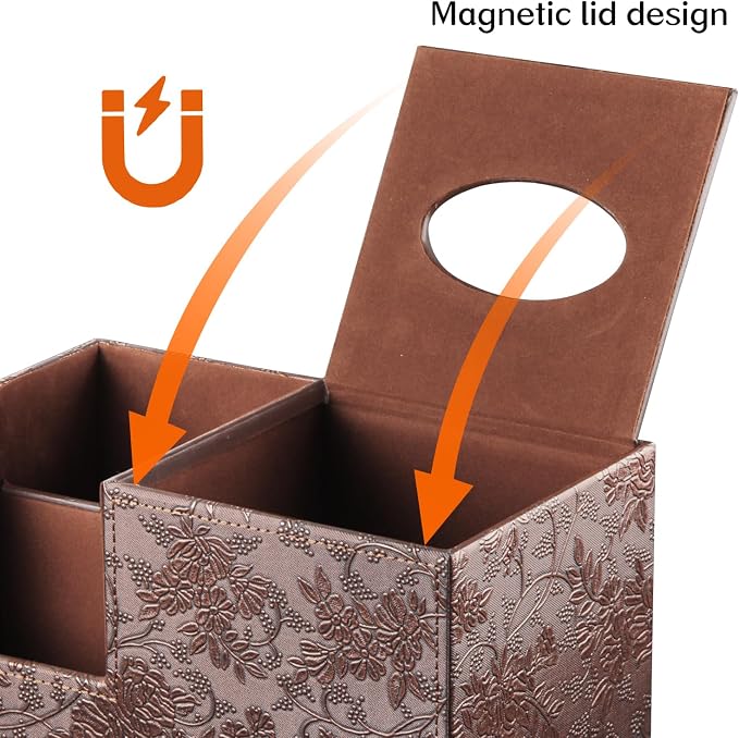 Square Tissue Box Cover with Storage, PU Leather Facial Cube Tissue Holder | TV Remote Control Holder, Desk Accessories Nightstand Organizer, Modern Table Caddy for Bathroom, Bedroom, Home, Office Decor