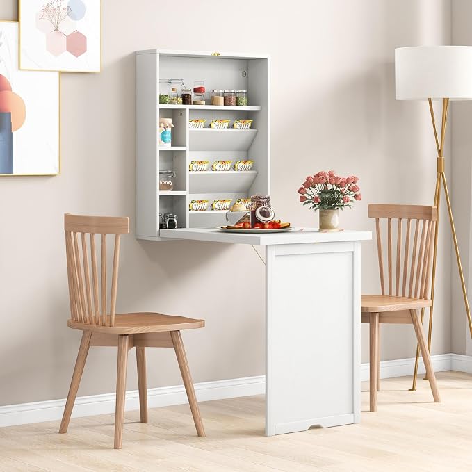 Wall Mounted Desk, Fold Out Convertible Desk with Storage Shelves, Space Saving Wall Folding Table, Home Office Floating Desks for Small Spaces (White)
