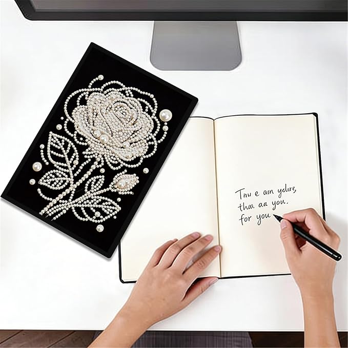 FRANDEK Pearl Painting Notebook Kit, Black and White Rose A5 DIY Journal with 50 Blank Pages, Diamond Gem Art Cover with Waterproof Canvas, Beginner Craft Set with Full Tools for Adults