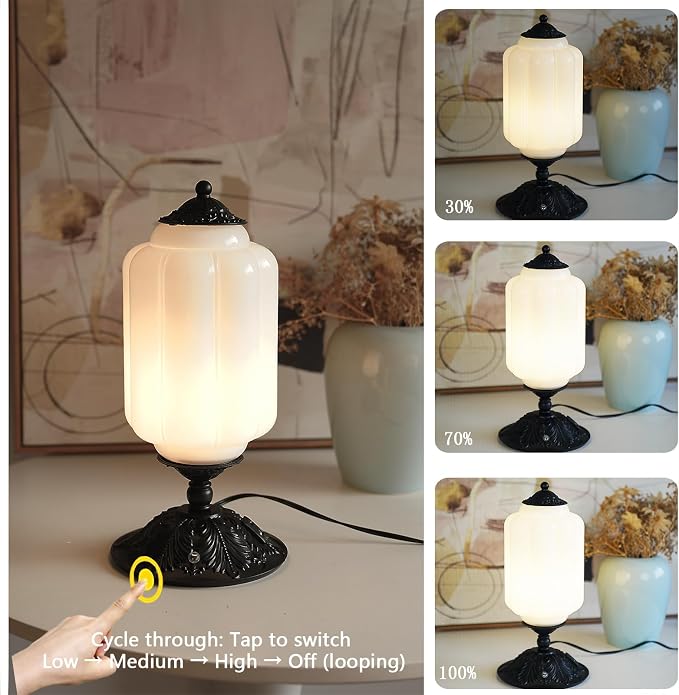 Vintage Touch Bedside Table Lamp, Elegant Green Glass Bedside Desk Lamp 3 Way Dimmable with USB C+A Charging Ports - Bedroom Nightstand & Living Room Essential (White, 6.5)