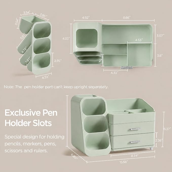 HBlife Desk Organizer with Pen Pencil Holder for Desk, Pen Organizer with 2 Drawers, Desk Organizers and Accessories with 4 Compartments, Desktop Storage for Office Home School Art Supplies, All Green