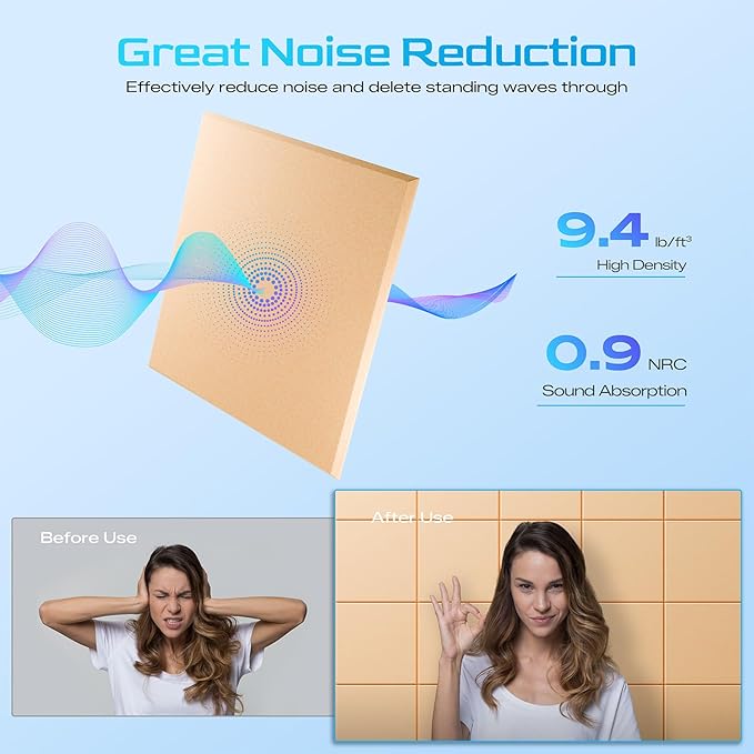 22 Pack Self-Adhesive Acoustic Panels, 12" X 12" X 0.4" High-Density Sound Proof Foam Panels for Walls, Soundproof Wall Panels for Home & Office (Apricot Pink)