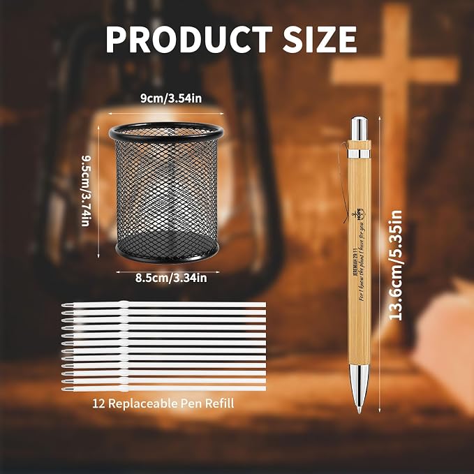 Bible Verse Pens 25 Pcs with 12 Christian Pens & 12 Refills & 1 Black Pen Holder Bamboo Retractable Ballpoint Pens Inspirational Quote Pen Religious Gifts for Men Women