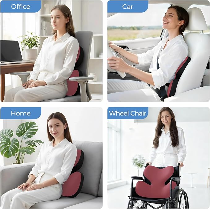 BEBAS Lumbar Support Pillow for Car, Ergonomic Memory Foam Back Cushion for Driving, Lower Back Support for Pain Relief, Lumbar Cushion for Car Seats, Office Chairs, Wheelchairs - Red