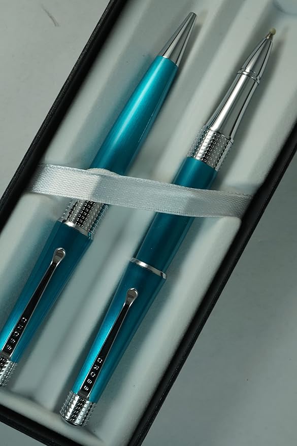 AT CROSS Cross Collection Beverly Pearlescent Teal Lacquer with signature pronounced center Band Selectip Rollerball Pen and Ballpoint Set.A great wedding, birthday, graduation & Christmas gift