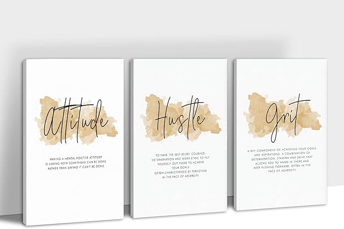 3 Piece Inspirational Wall Art - Attitude Hustle Grit Motivational Quotes Canvas Art for Women Room Decor, Office Wall Art Pictures, Inspirational Poster Framed Artwork for School Decor 16”x24”x3Pcs