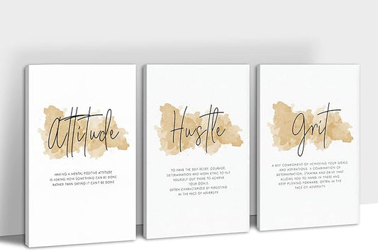 3 Piece Inspirational Wall Art - Attitude Hustle Grit Motivational Quotes Canvas Art for Women Room Decor, Office Wall Art Pictures, Inspirational Poster Framed Artwork for School Decor 16”x24”x3Pcs