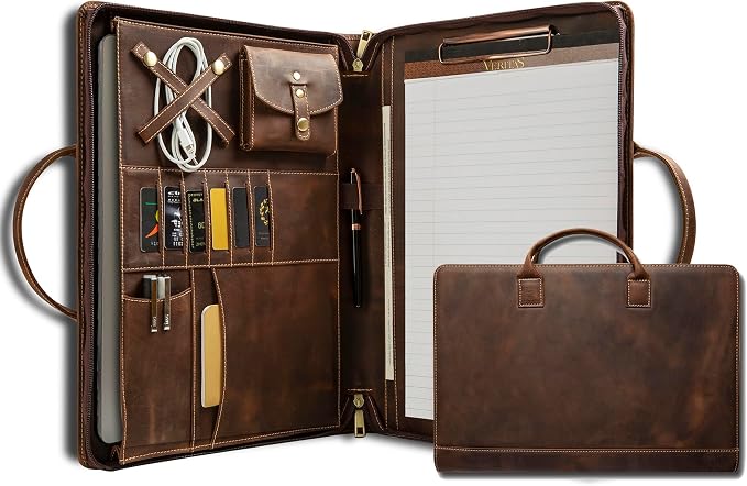 Genuine Leather Portfolio, Padfolio Organizer with Handle, Personalized Padfolio，Padfolio with Zipper for Men Women，Suitable for 15-inch Laptop Legal Pad Padfolio, Dark Khaki