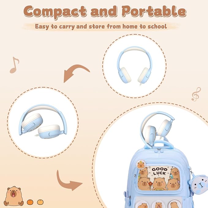 Capybara Backpack for Girls with Headphones - 4PCS Girls Backpack for Kindergarten Elementary Middle High School Travel - 3.5mm Wired Headphones Backpacks Back to School Gift(Blue)