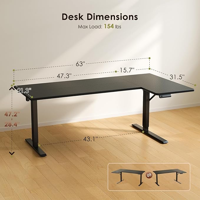 OffiGo Electric L Shaped Standing Desk, 63 Inches Height Adjustable Table, Reversible Corner Stand Up Desk, Lifting Computer Table for Home Office, Computer Workstation, Carbon Fiber Black